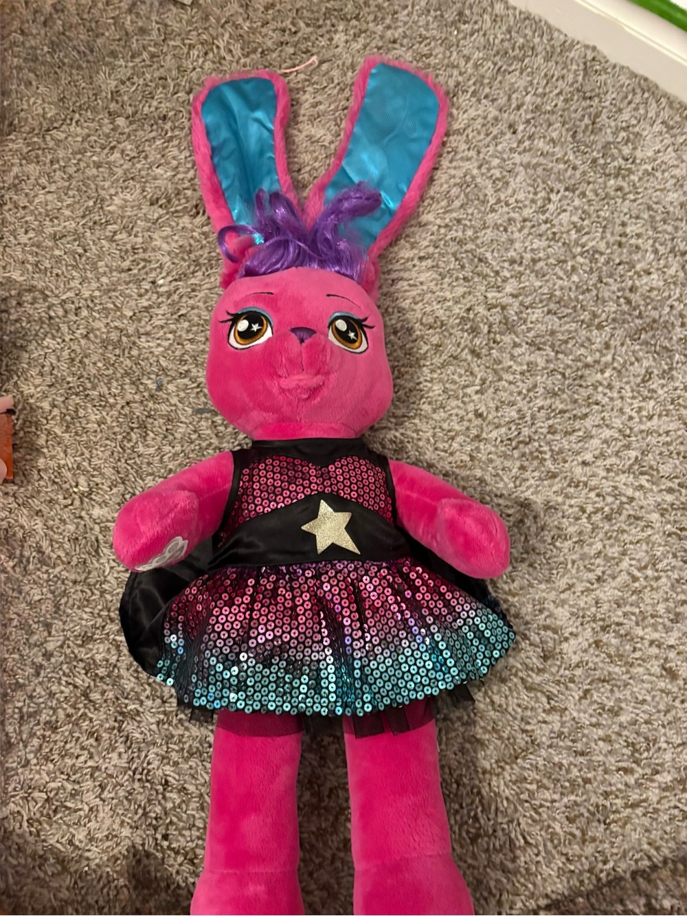 Build-A-Bear Pink Bunny with Teal-Trimmed Ears and Purple Hair
